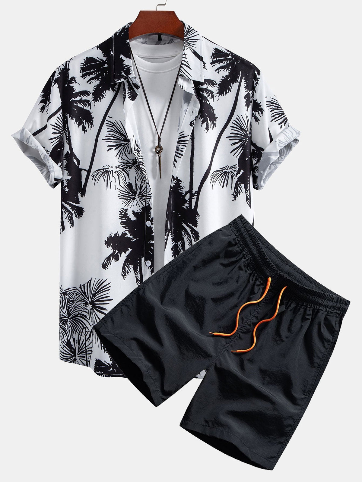 Palm Trees Print Button Up Shirt & Man Mid Length Drawstring Swim Shorts