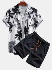 Palm Trees Print Button Up Shirt & Man Mid Length Drawstring Swim Shorts