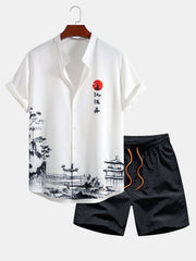 Ink Landscape Painting Stand Collar Shirt & Man Mid Length Drawstring Swim Shorts