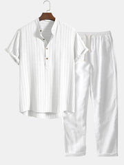 Linen Blend Striped Half Open Placket Henley Collar Shirt & Straight Leg Linen Pants