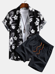 Tropical Floral Print Button Up Shirt & Swim Shorts