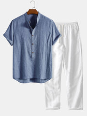 Short Sleeve Half Button Fly Henley Collar Shirt & Straight Leg Linen Pants