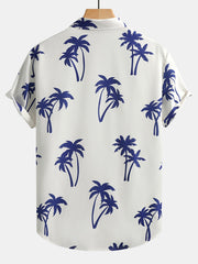 Palm Tree Print Button Up Shirt & Man Mid Length Drawstring Swim Shorts