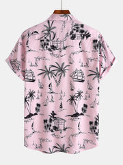 Palm Tree Sailboat Print Button Up Shirt & Swim Shorts