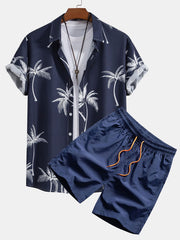 Palm Tree Print Button Up Shirt & Swim Shorts