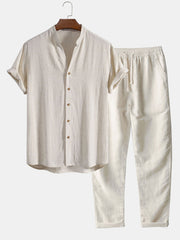 V Neck Linen Rayon Blend Shirt & Straight Leg Linen Pants