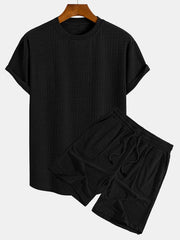 Striped Towelling Texture Arc Hem T-Shirt & Shorts