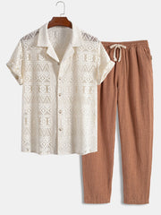 Short Sleeve Geometry Textured Cuban Shirt & Linen Cotton Blend Cropped Pants