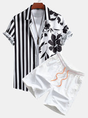Floral Stripe Patchwork Print Button Up Shirt & Swim Shorts