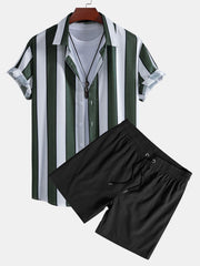 Stripe Print Button Up Shirt & Swim Short