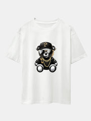 Hip Hop Bear Print Drop Shoulder Oversize T-Shirt & Drawstring Corduroy Shorts