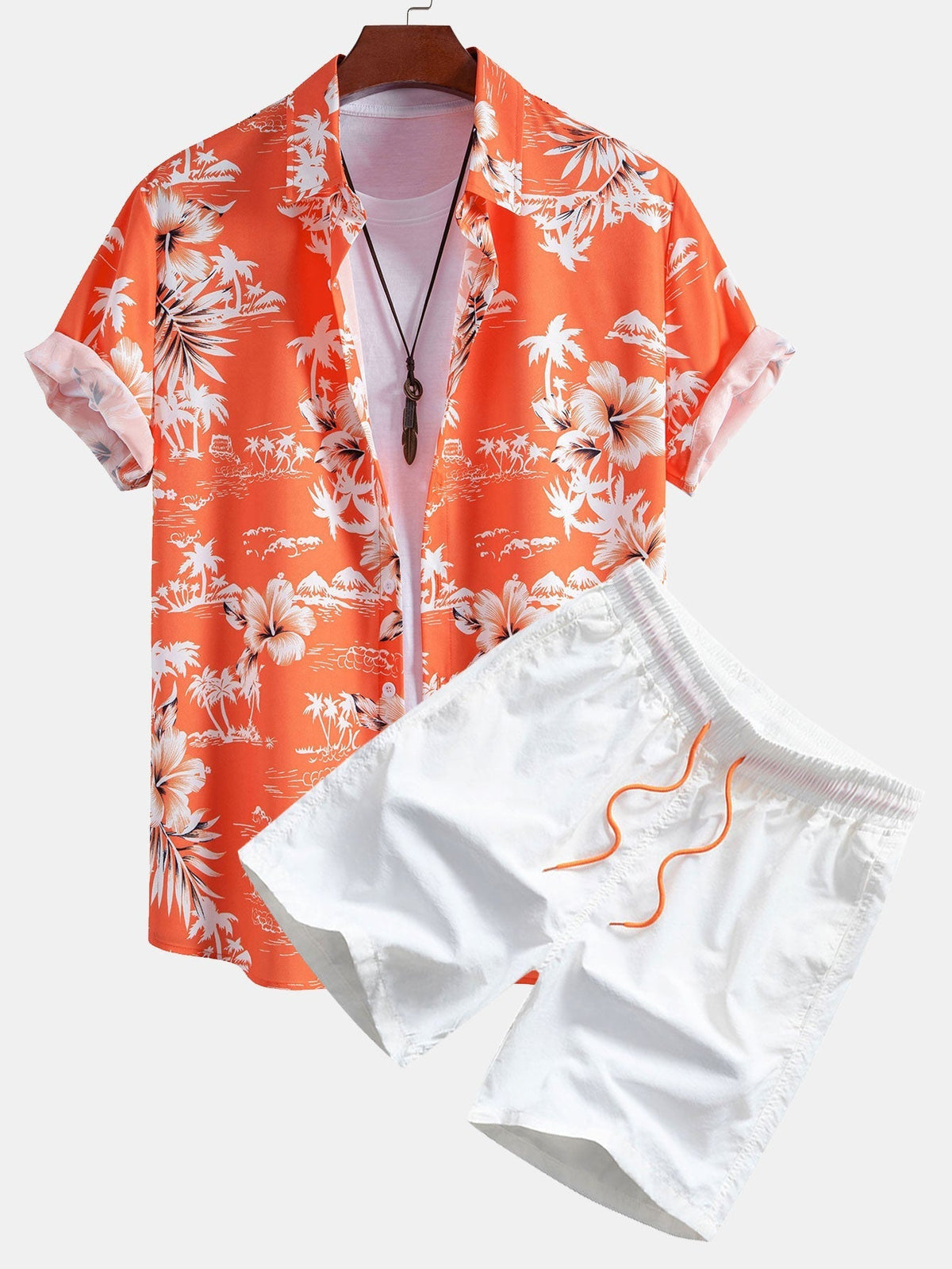 Palm Tree Tropical Flora Print Button Up Shirt & Swim Shorts