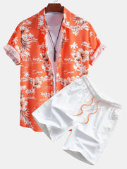 Palm Tree Tropical Flora Print Button Up Shirt & Swim Shorts