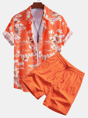 Palm Tree Tropical Flora Print Button Up Shirt & Swim Shorts