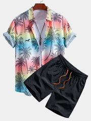 Palm Tree Seagull Print Button Up Shirt & Swim Shorts