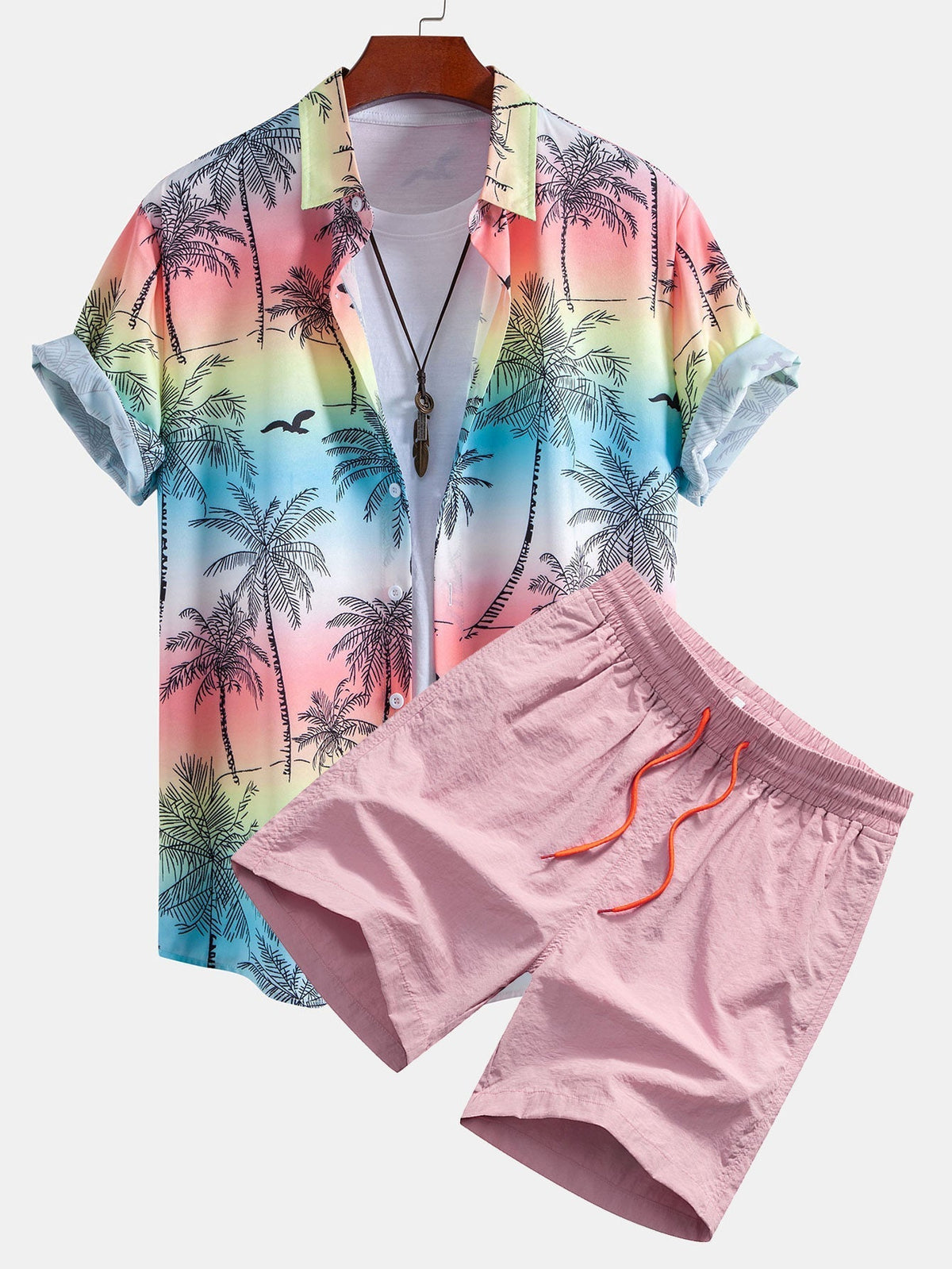 Palm Tree Seagull Print Button Up Shirt & Swim Shorts