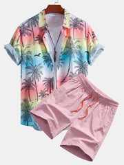 Palm Tree Seagull Print Button Up Shirt & Swim Shorts