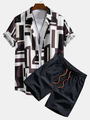 Geometry Colorblock Print Button Up Shirt & Swim Shorts