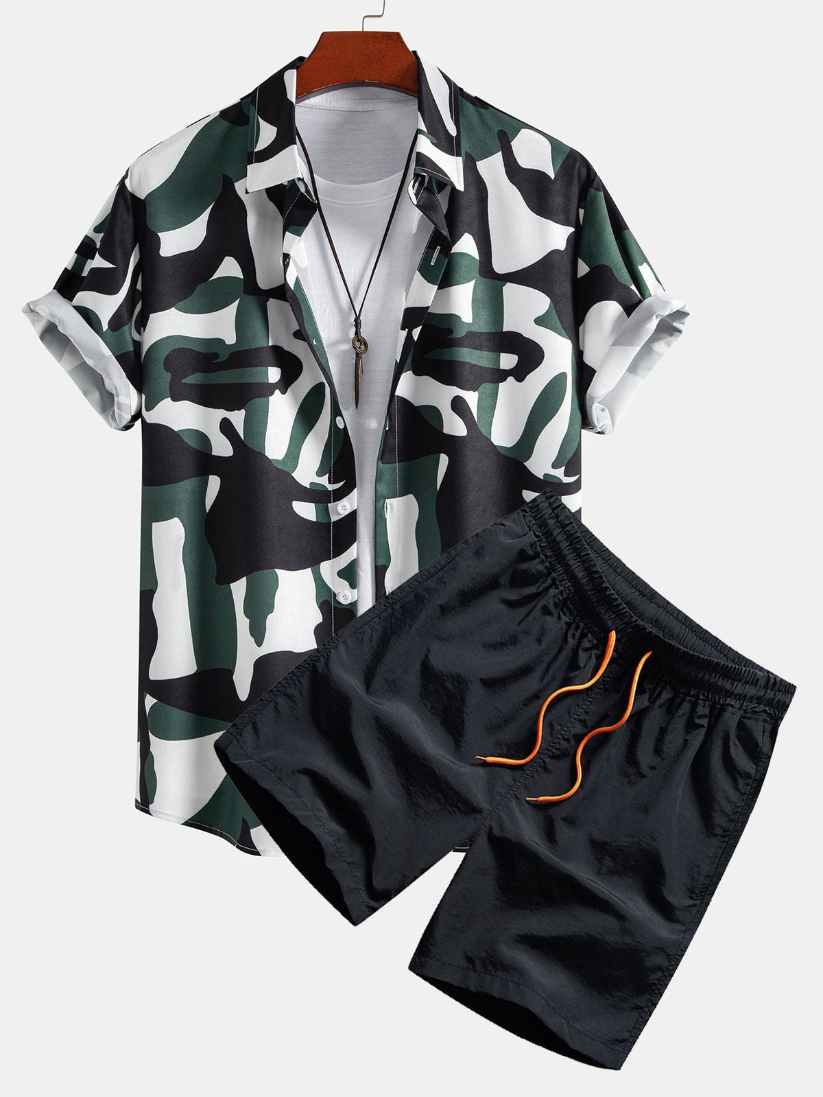Colorblock Print Button Up Shirt & Swim Shorts