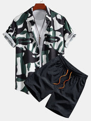 Colorblock Print Button Up Shirt & Swim Shorts