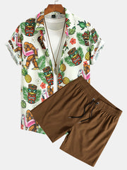 Tropical Tiki Bigfoot Print Button Up Shirt & Solid Drawstring Swim Shorts