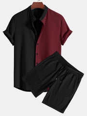 Two Tone Muscle Fit Ribbed Stand Collar Shirt & Shorts