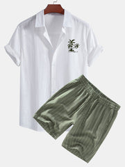 Hawaii Palm Tree Print Linen Look Cotton Button Up Shirt & Linen Cotton Blend  Striped Shorts