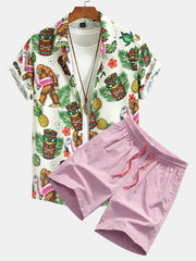 Tropical Tiki Bigfoot Print Button Up Shirt & Man Mid Length Drawstring Swim Shorts