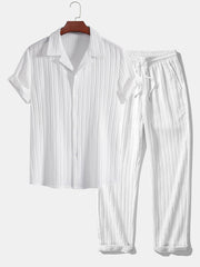 Striped Jacquard Cuban Collar Shirt & Straight Leg Pants