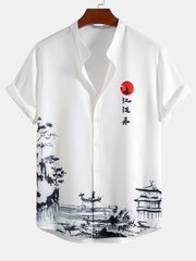 Ink Landscape Painting Stand Collar Shirt & Man Mid Length Drawstring Swim Shorts