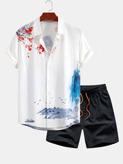 Oriental Ink Painting Button Up Shirt & Man Mid Length Drawstring Swim Shorts