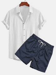 Wrinkled Textured Button Up Shirt & Striped Print Swim Shorts