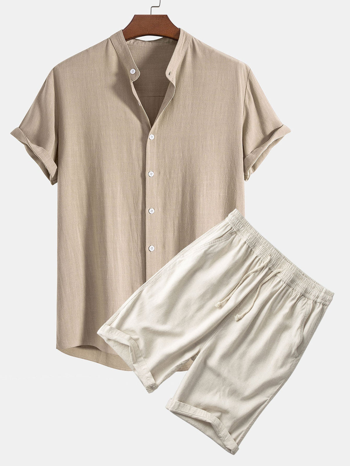 Linen And Rayon Blend Stand Collar Shirt & Linen Cotton Blend 11" Shorts