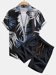 Tropical Leaves Print Button Up Shirt & Swim Shorts