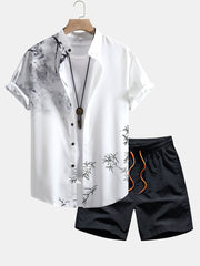 Traditional Oriental Ink Painting Print Stand Collar Shirt & Drawstring Swim Shorts