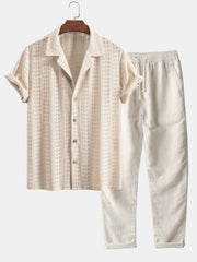 Floral Jacquard Textured Cuban Shirt & Straight Leg Linen Pants