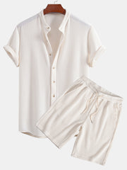 Waffle Stand Collar Shirt & Drawstring Waffle Shorts