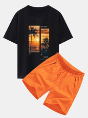 Palm Trees Landscape Slogan Print Oversize T-Shirt & Swim Shorts