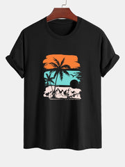 Regular Fit Palm Tree Silhouette Print Cotton T-Shirt & Swim Shorts
