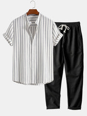 Cotton Blend Striped Stand Collar Shirt & Straight Leg Linen Pants