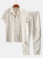 Floral Checkerboard Jacquard Cuban Shirt & Straight Leg Linen Pants