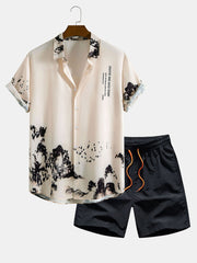 Ink Mountain Shirt & Man Mid Length Drawstring Swim Shorts