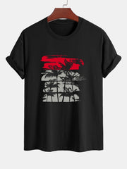 Palm Tree Silhouette Print Cotton T-Shirt & Solid Drawstring Swim Shorts