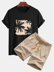 Regular Fit Palm Trees Silhouette Print Cotton T-Shirt & Swim Shorts