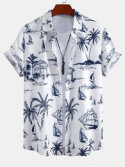 Island Sailing Print Button Up Shirt & Straight Leg Ribbed Pants
