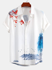 Oriental Ink Painting Button Up Shirt & Man Mid Length Drawstring Swim Shorts