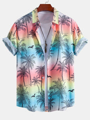 Palm Tree Seagull Print Button Up Shirt & Swim Shorts