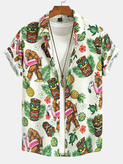 Tropical Tiki Bigfoot Print Button Up Shirt & Man Mid Length Drawstring Swim Shorts