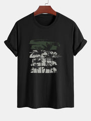 Palm Tree Silhouette Print Cotton T-Shirt & Solid Drawstring Swim Shorts