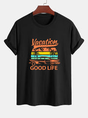 Regular Fit Good Life On Vacation Print Cotton T-Shirt & Man Mid Length Drawstring Swim Shorts